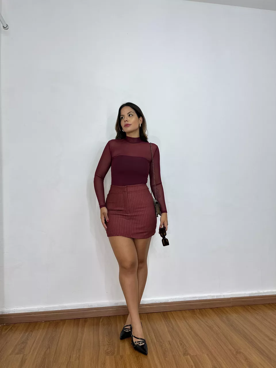 Short Saia Risca de Giz Cereja - 0403010102SRGC - Loja Benditta