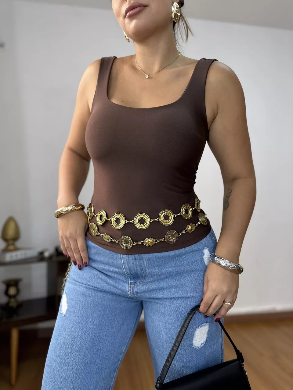 Blusa Decote Quadrado Marrom - Loja Benditta