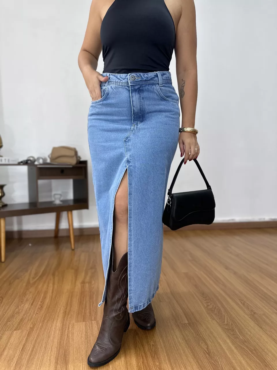 Saia Midi Jeans Tradicional - Loja Benditta