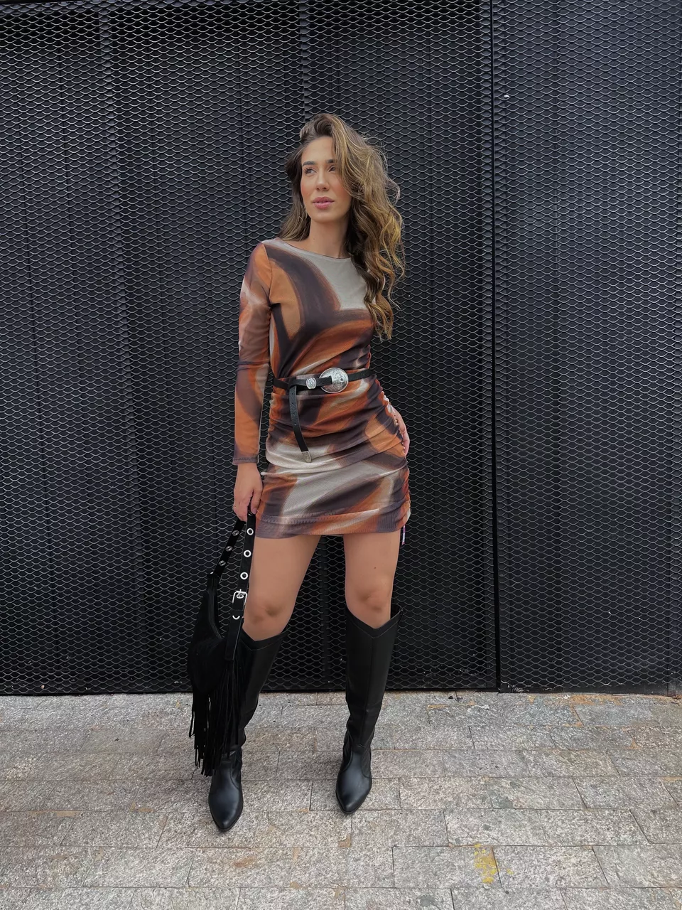 Vestido Feminino Tule Manga Marrom Orgânico 