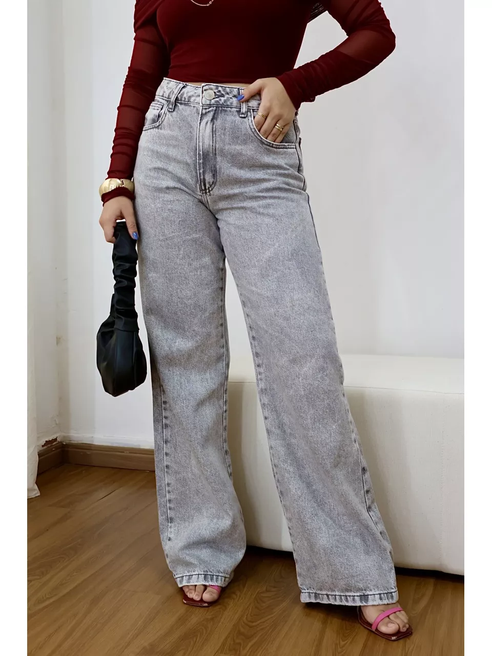 Calça Wide Leg Feminina Cinza Estonada - Loja Benditta