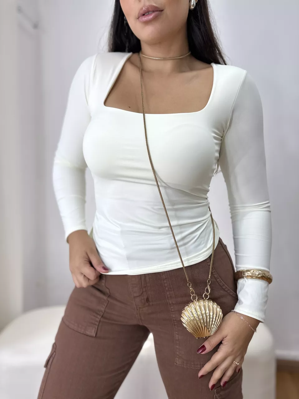 Blusa Manga Longa Decote Quadrado Poliamida Bia Of - Loja Benditta