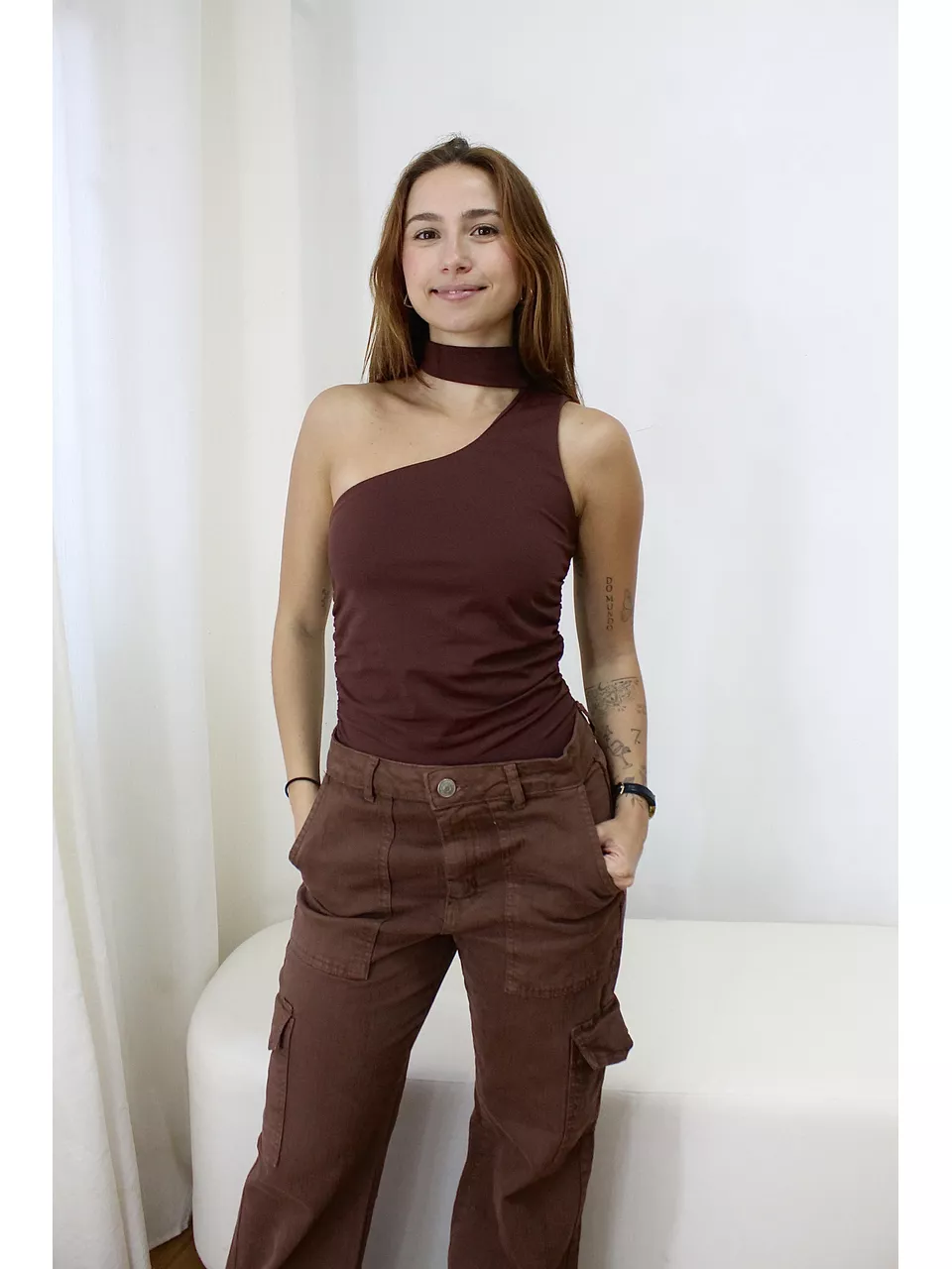 Blusa Nula Manga Poliamida Drapeada Lia Marrom - Loja Benditta