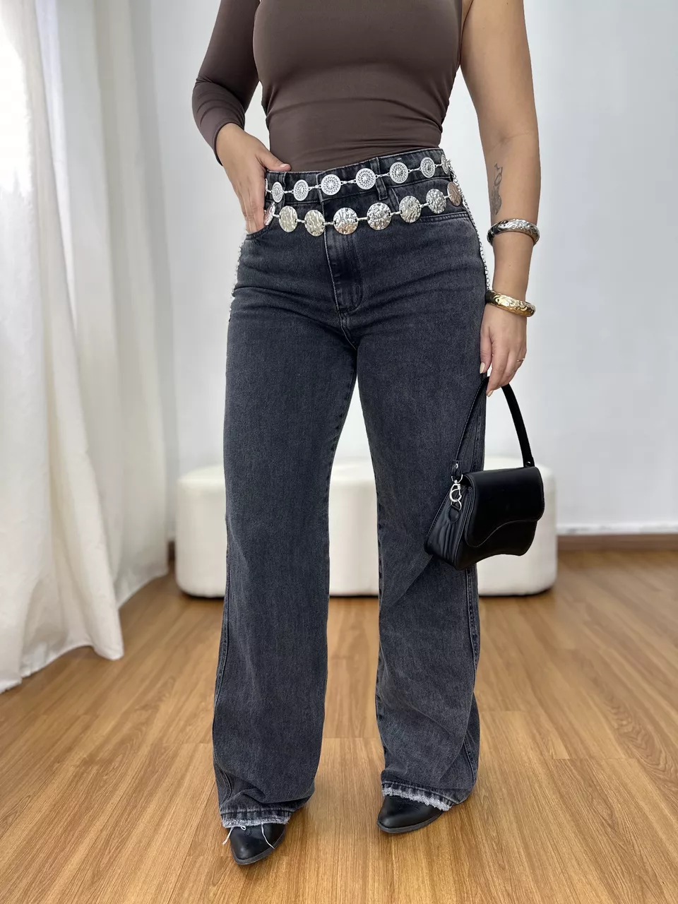Calça Feminina Wide Leg Grafite Estonada - Loja Benditta