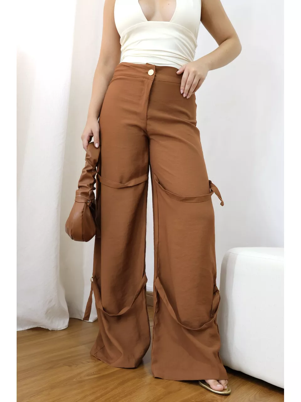 Calça Pantalona Feminina Liv Marrom - Loja Benditta