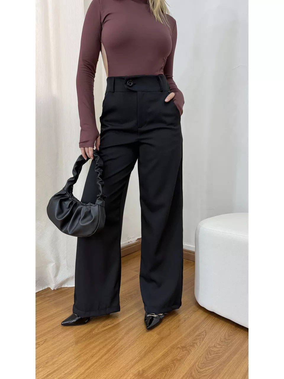 Calça Pantalona Feminina Alfaiataria Malu Preta - Loja Benditta
