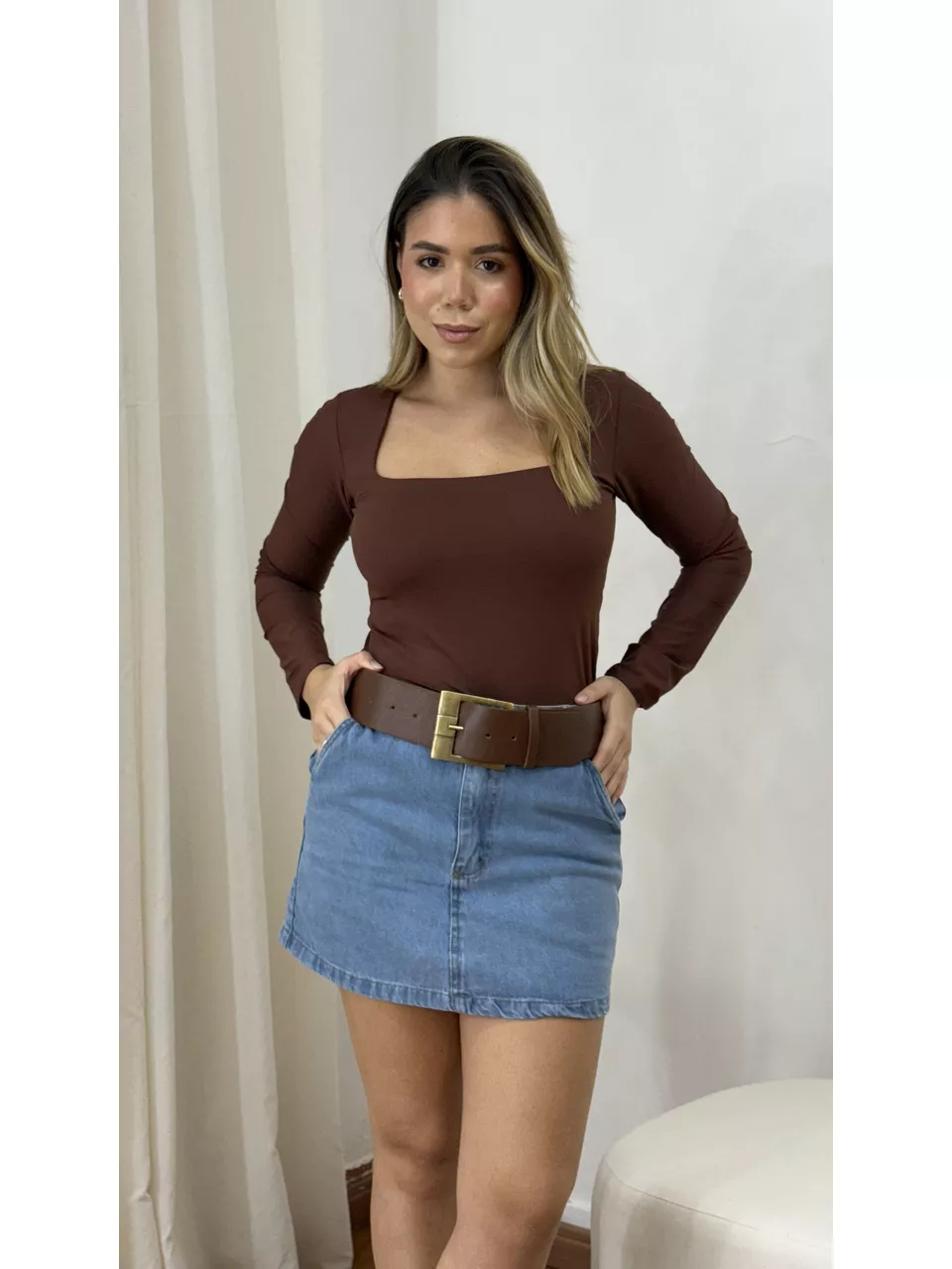 Blusa Manga Longa Decote Quadrado Poliamida Bia Ma... - Loja Benditta