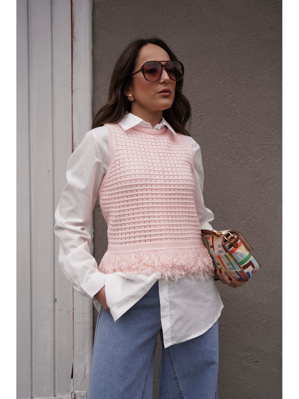 Blusa Tricot Franjas na Barra - Rosa Bebê