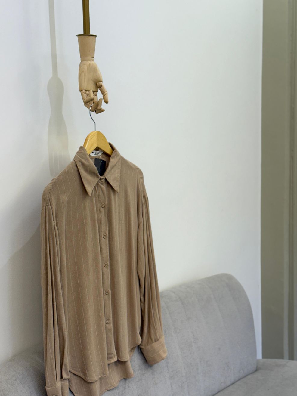 Camisa Linho Misto Risca de Giz - Bege