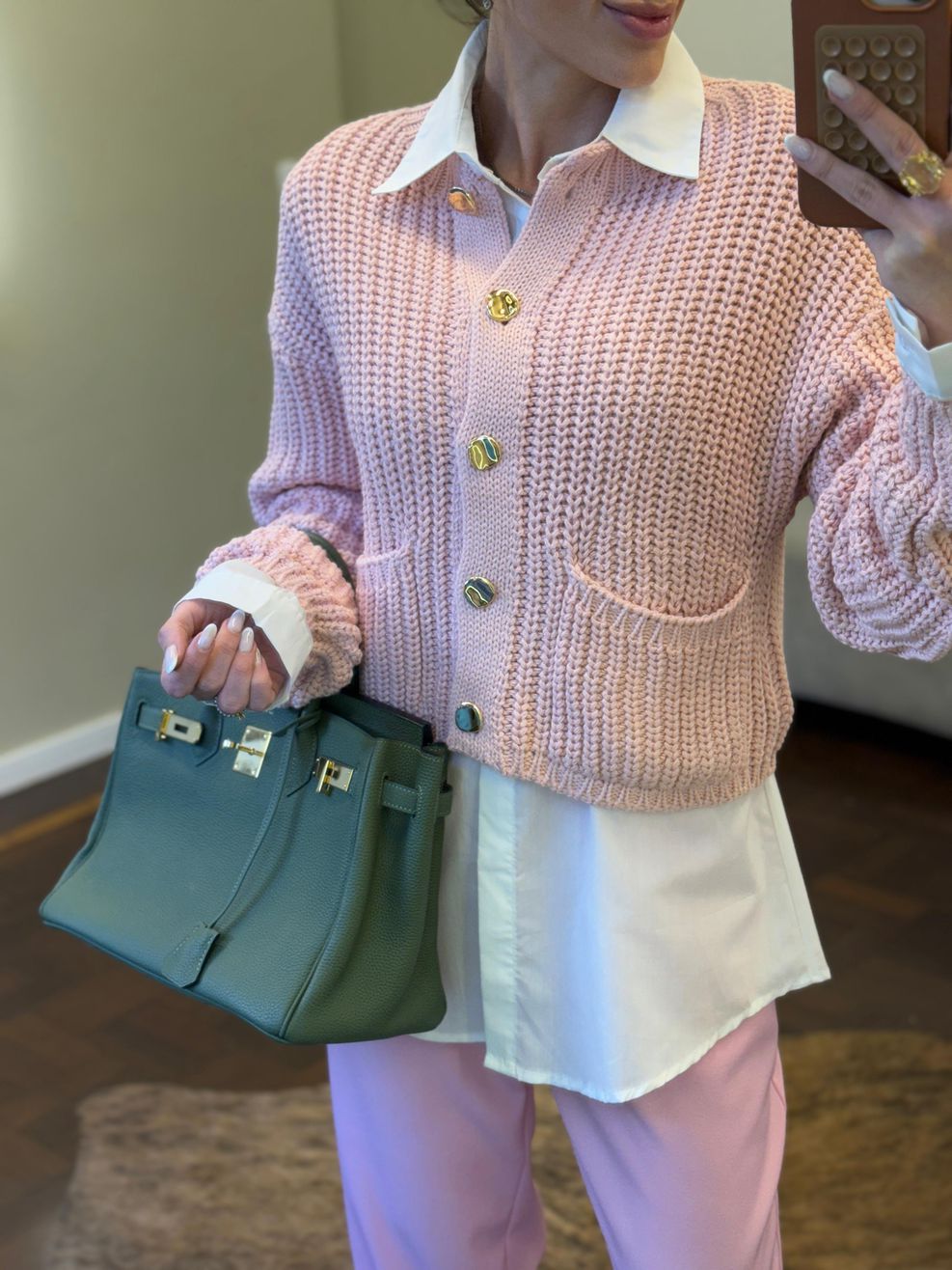 Cardigã Tricot Botões Orgânicos - Rosa Bebê 