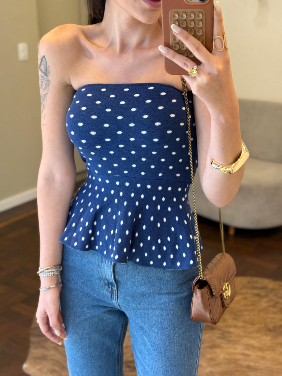 Tomara que Caia Fio Modal Poá - Peplum - Azul Marinho com Poá Branco 