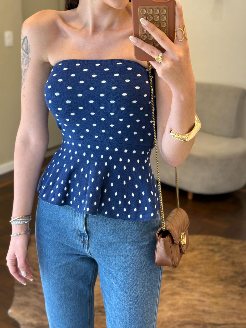 Tomara que Caia Fio Modal Poá - Peplum - Azul Marinho com Poá Branco 