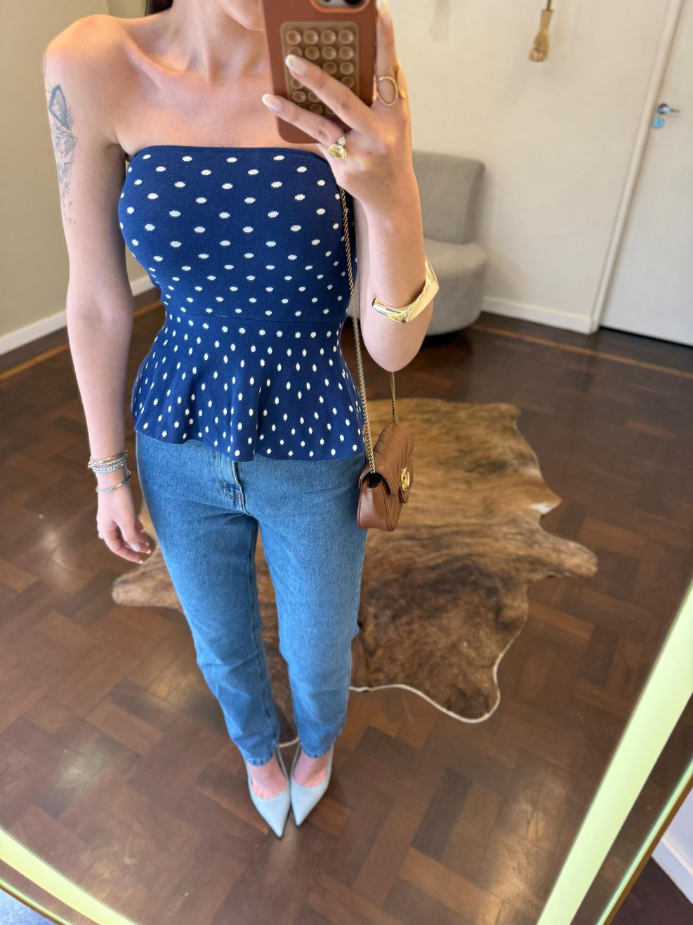Tomara que Caia Fio Modal Poá - Peplum - Azul Marinho com Poá Branco 