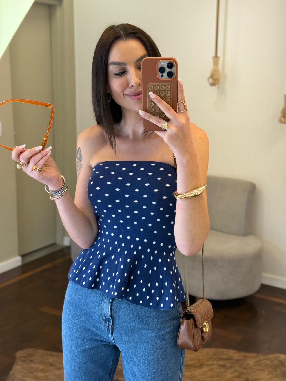 Tomara que Caia Fio Modal Poá - Peplum - Azul Marinho com Poá Branco 