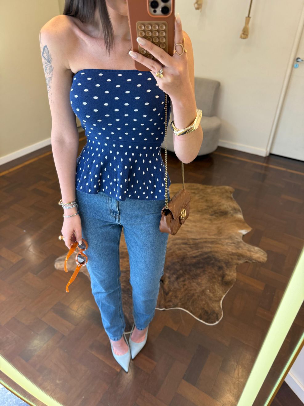 Tomara que Caia Fio Modal Poá - Peplum - Azul Marinho com Poá Branco 