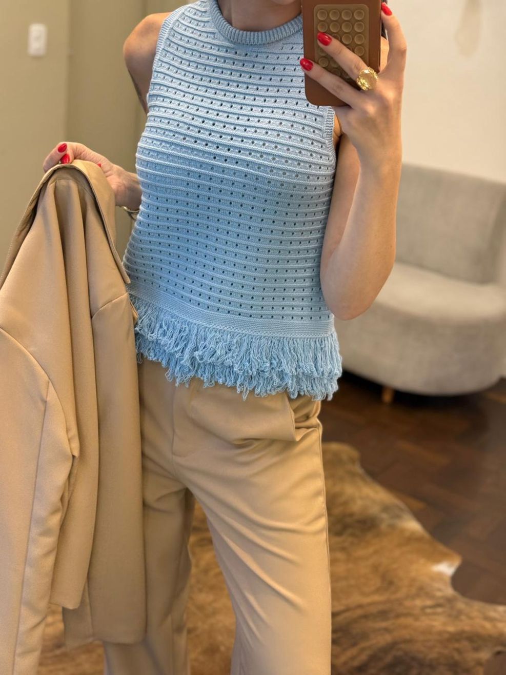 Blusa Tricot Franjas na Barra - Azul Bebê