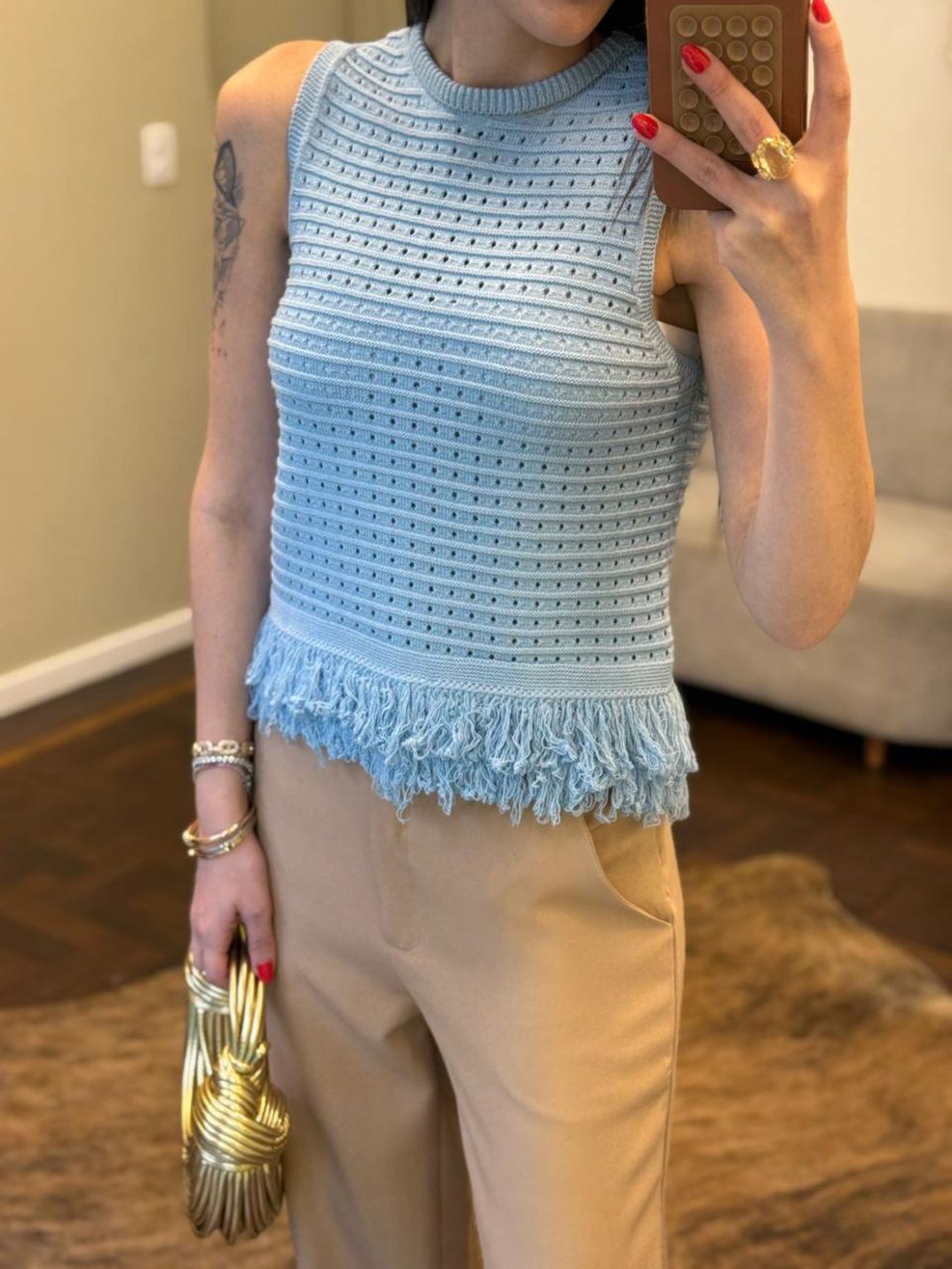 Blusa Tricot Franjas na Barra - Azul Bebê