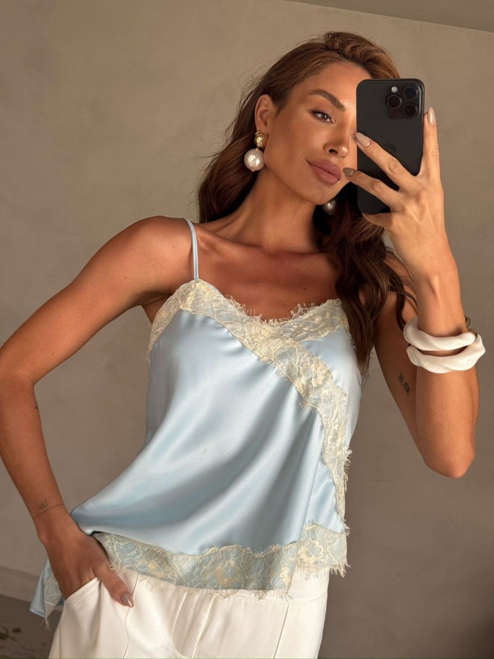 Regata Cetim e Renda Natana - Azul Bebê