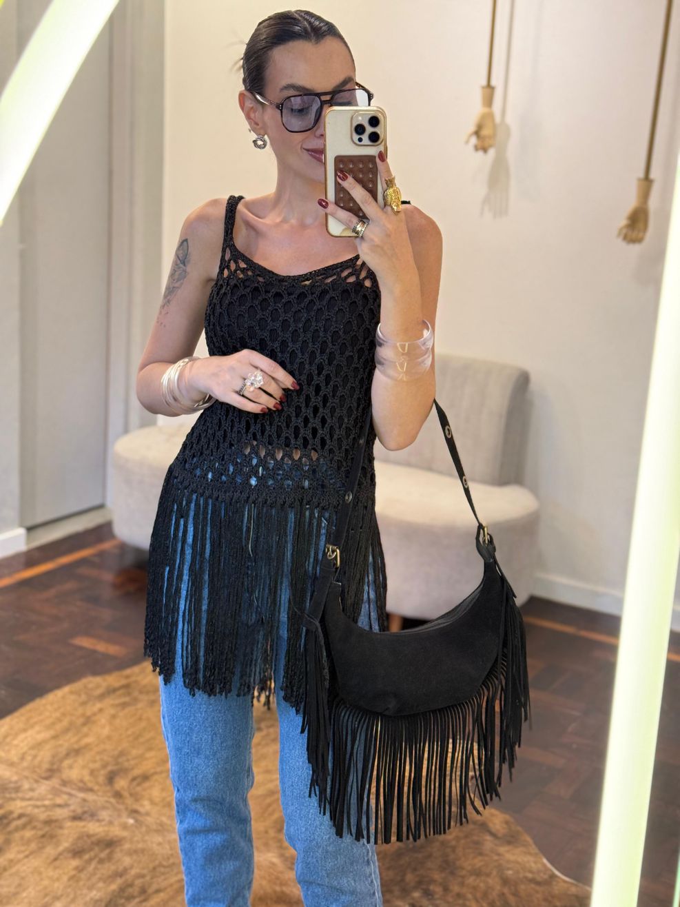 Bolsa Baguete c/ Franjas Chamois Vegan - Preta