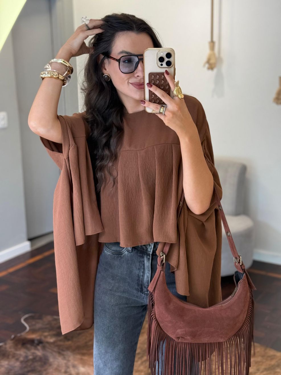 Bolsa Baguete c/ Franjas Chamois Vegan - Marrom 