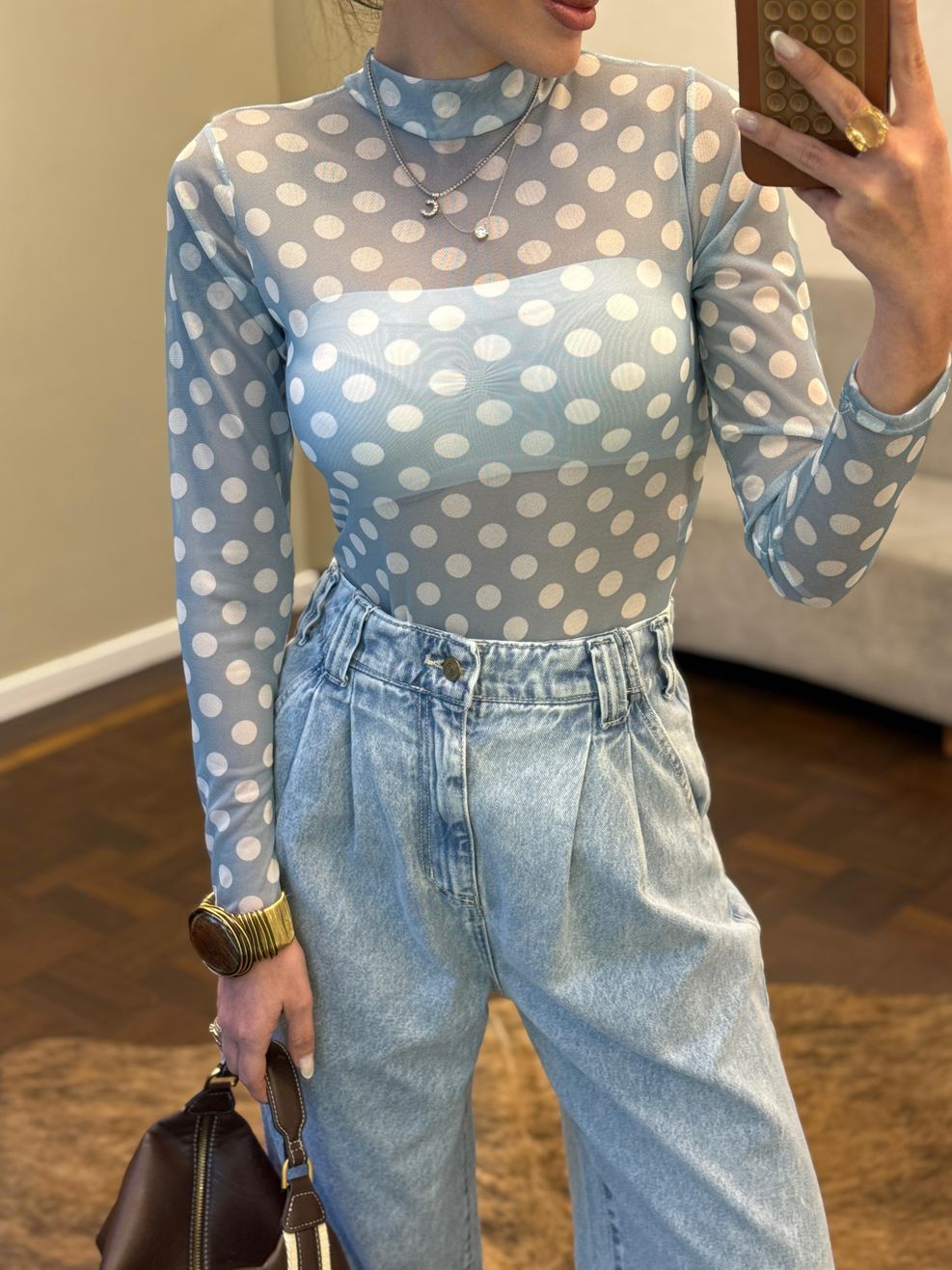 Calça Jeans Pantalona Cós Elástico Atrás - Claro Marmorizado 