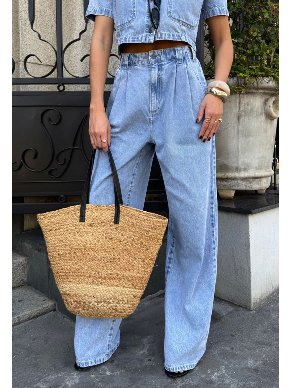 Calça Jeans Pantalona Cós Elástico Atrás - Claro Marmorizado 