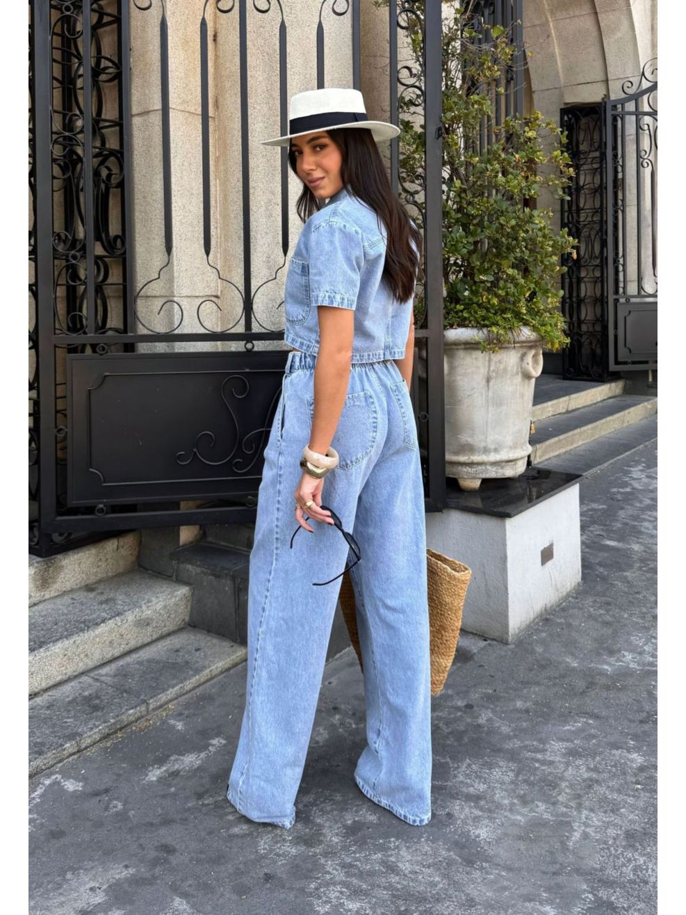 Calça Jeans Pantalona Cós Elástico Atrás - Claro Marmorizado 