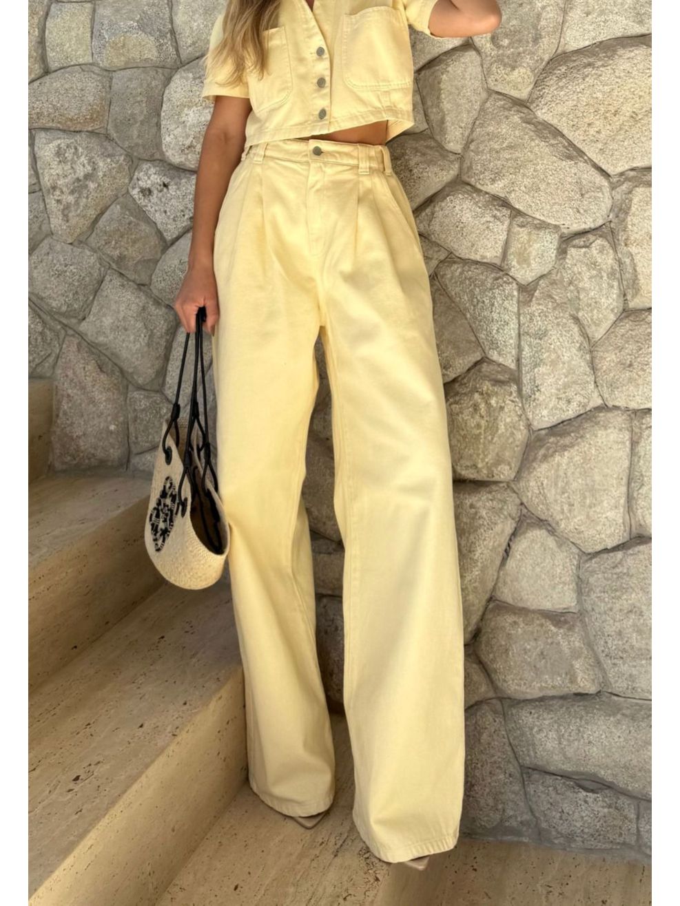 Calça Jeans Pantalona Cós Elástico Atrás - Amarelo 