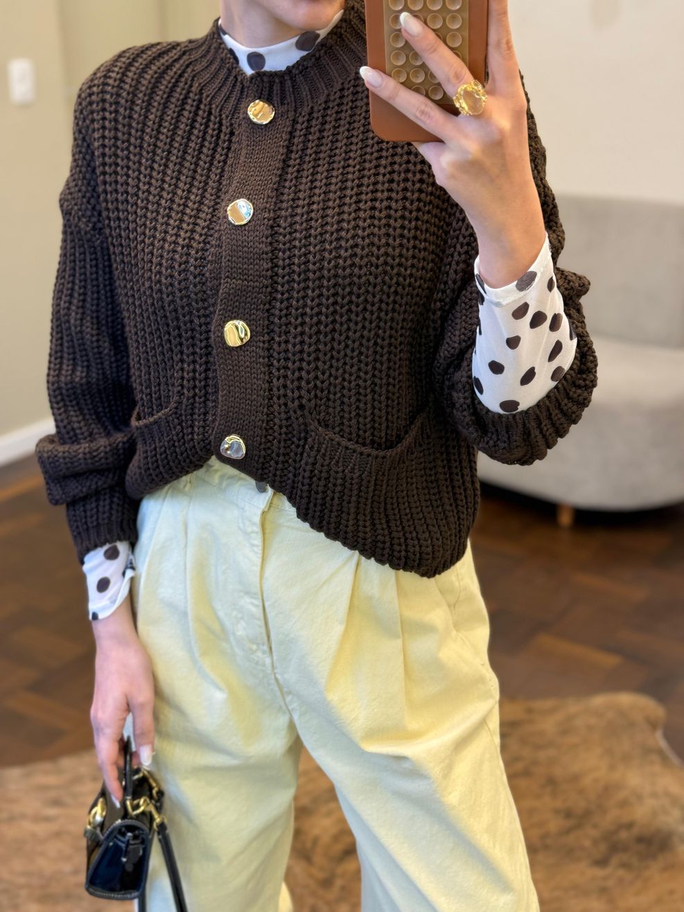 Cardigã Tricot Botões Orgânicos - Marrom 