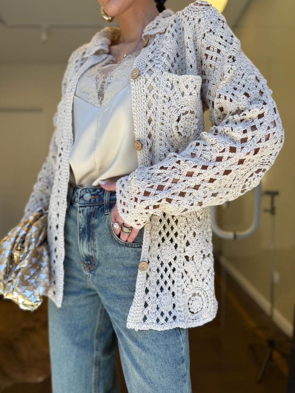 Maxi Camisa Crochê Maquinetado - Creme 