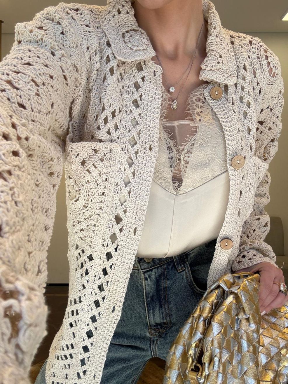 Maxi Camisa Crochê Maquinetado - Creme 