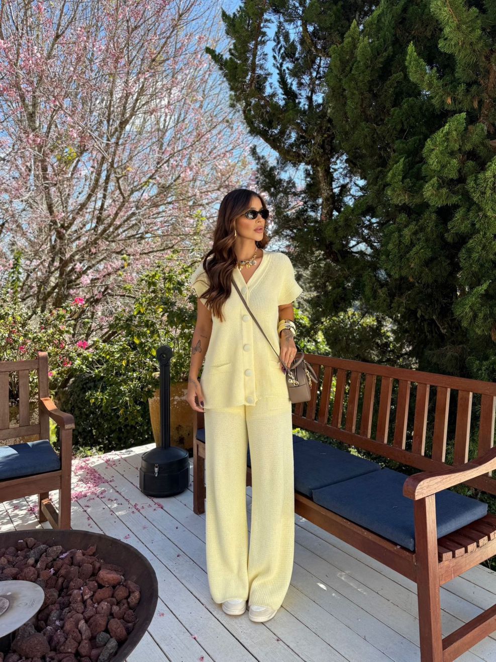 Conjunto Tricot Botões Forrados Fernanda - Amarelo Manteiga 