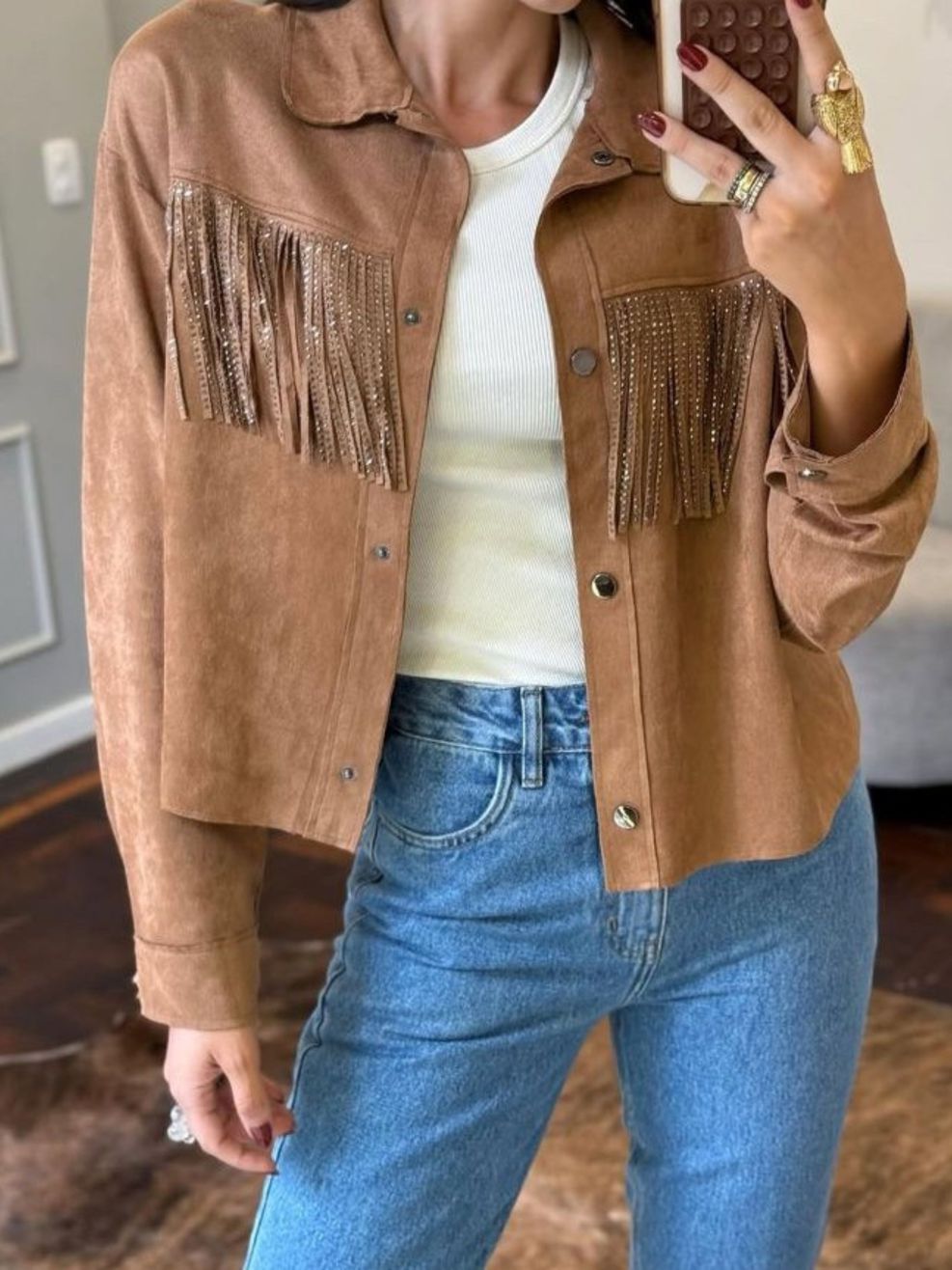 Jaqueta Franja Suede - Marrom