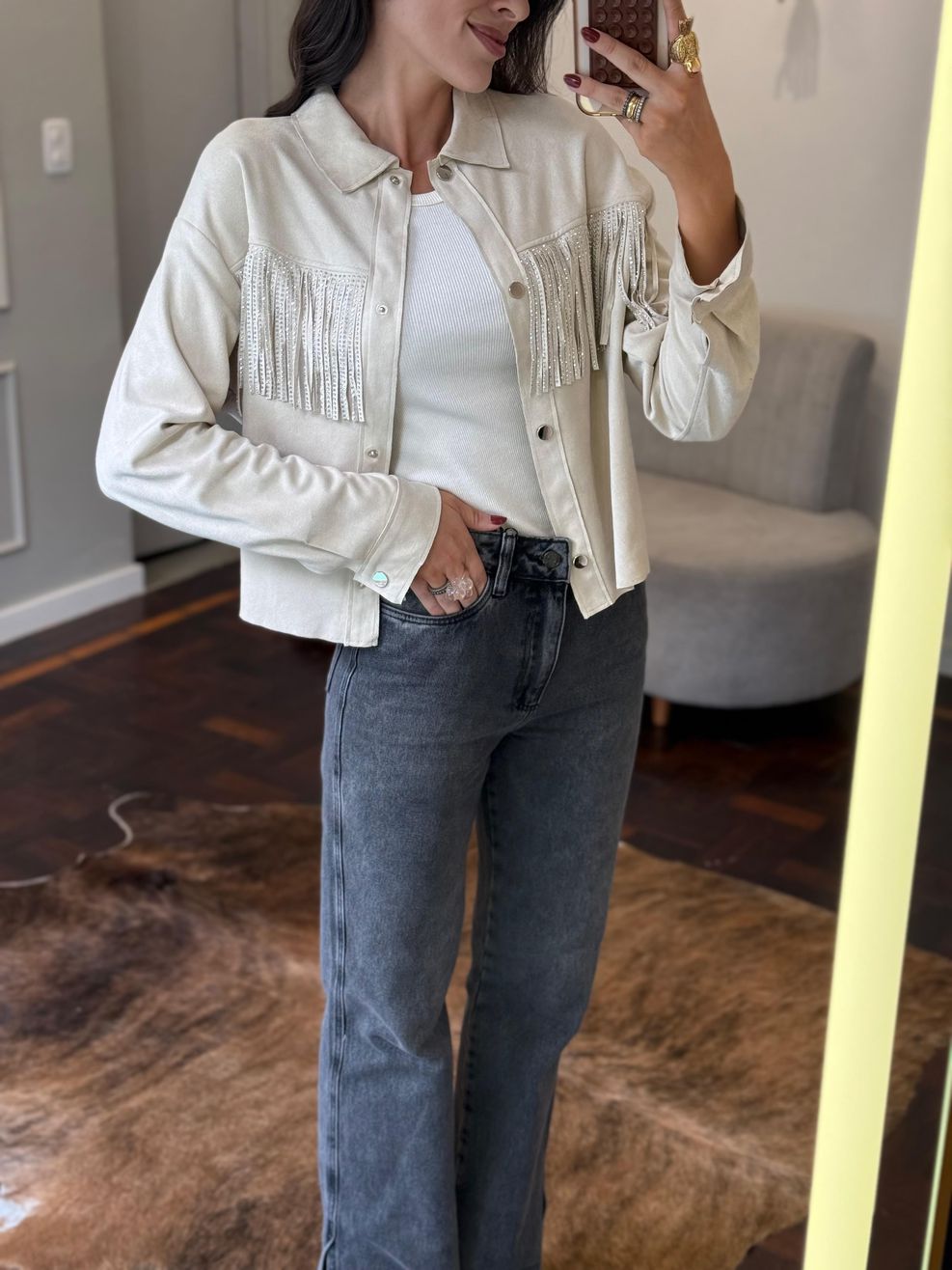 Jaqueta Franja Suede - Preto