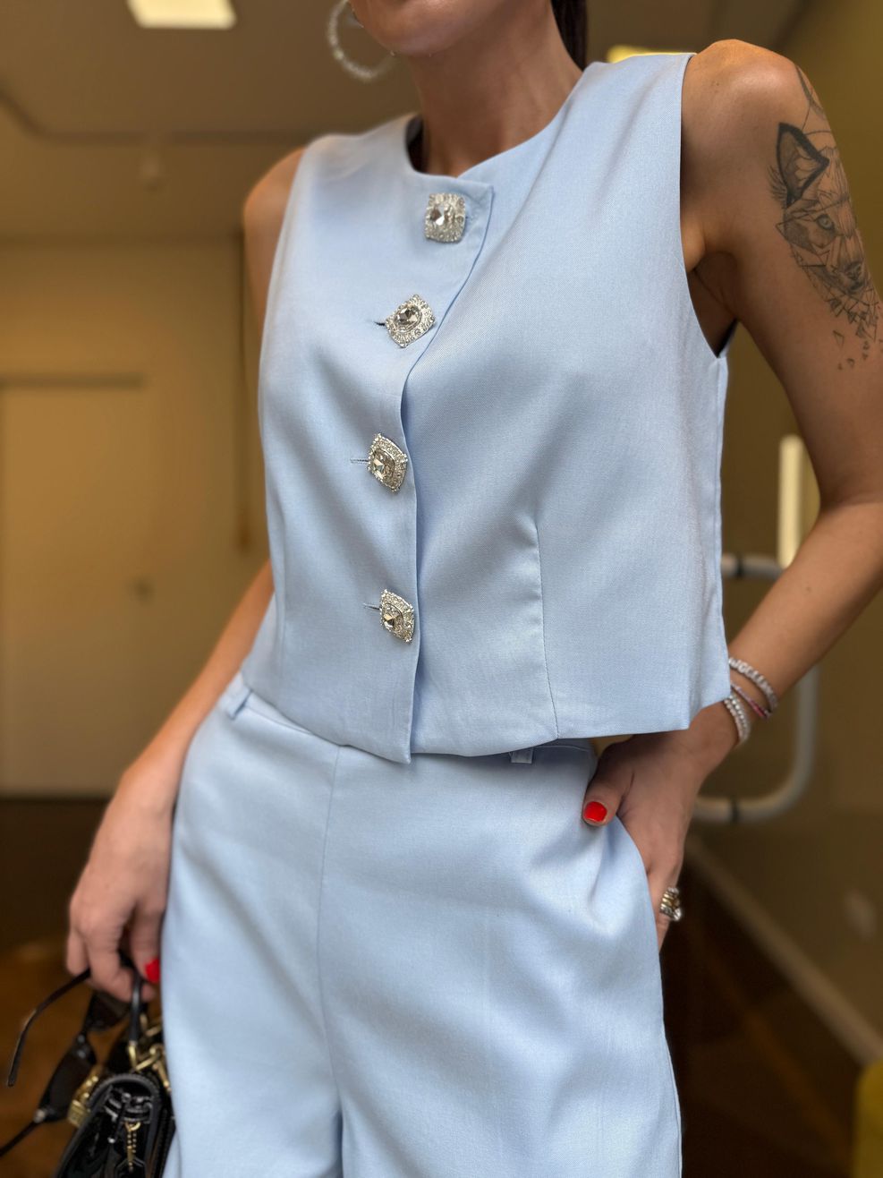 Conjunto Alfaiataria Botão Joia - Azul Bebê