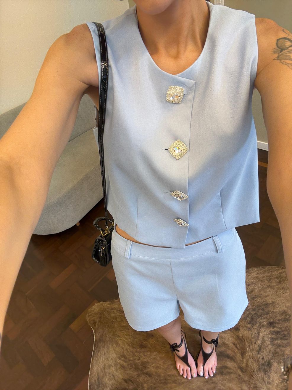 Conjunto Alfaiataria Botão Joia - Azul Bebê