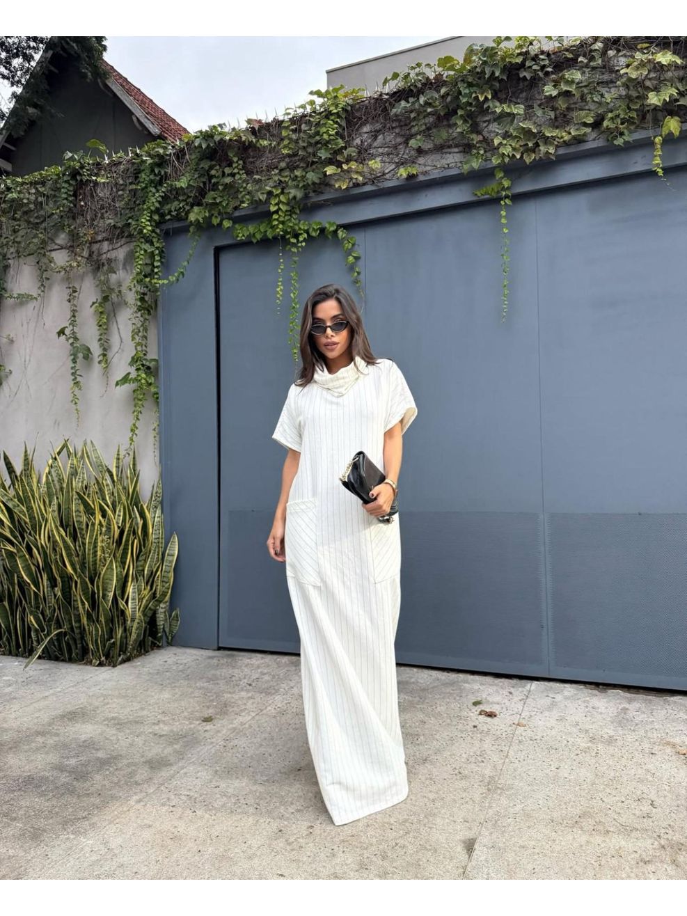 Vestido Moletom Risca de Giz - Gola Boba - Off White 
