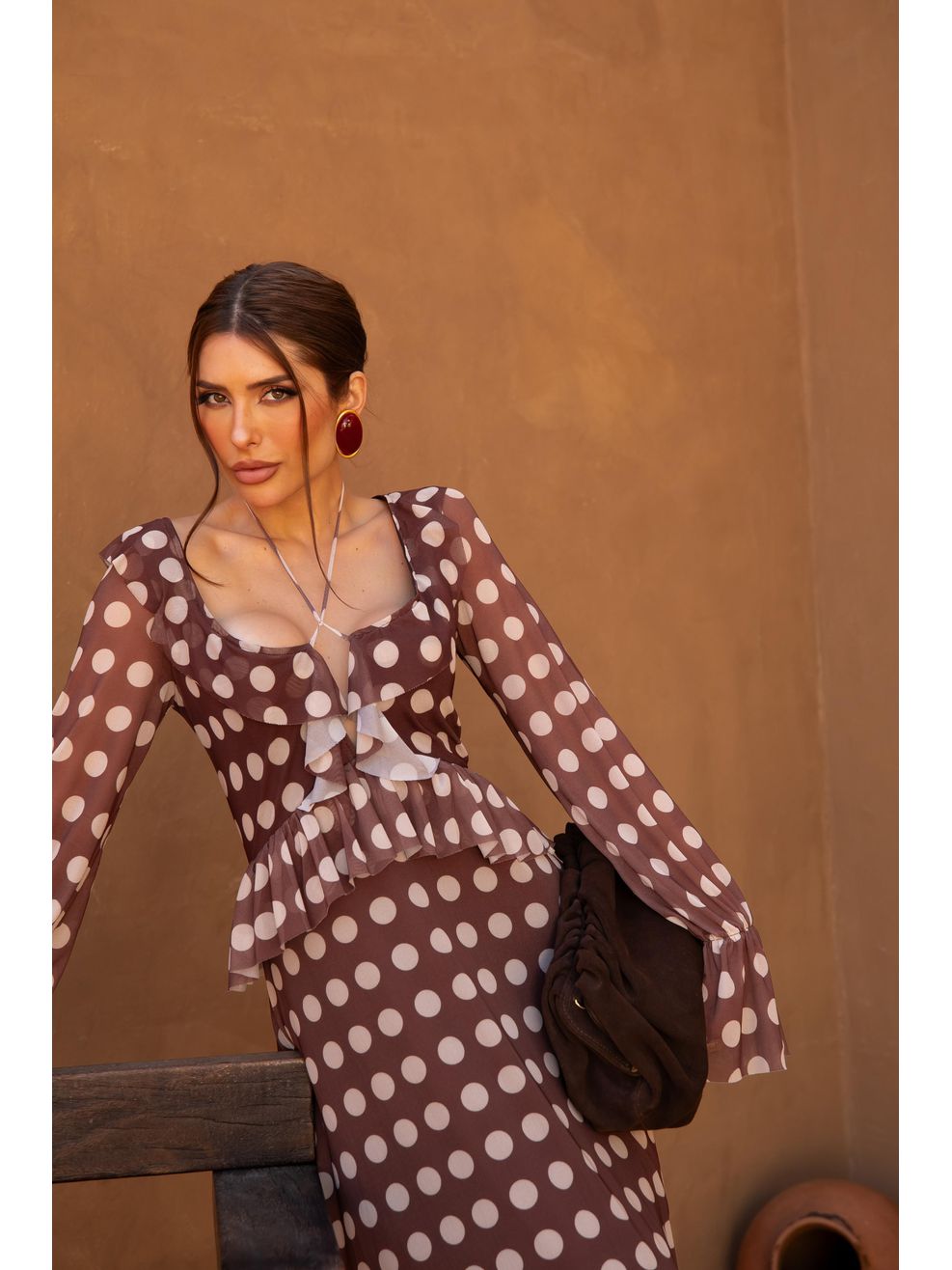 Vestido Longo Marrom Poá 