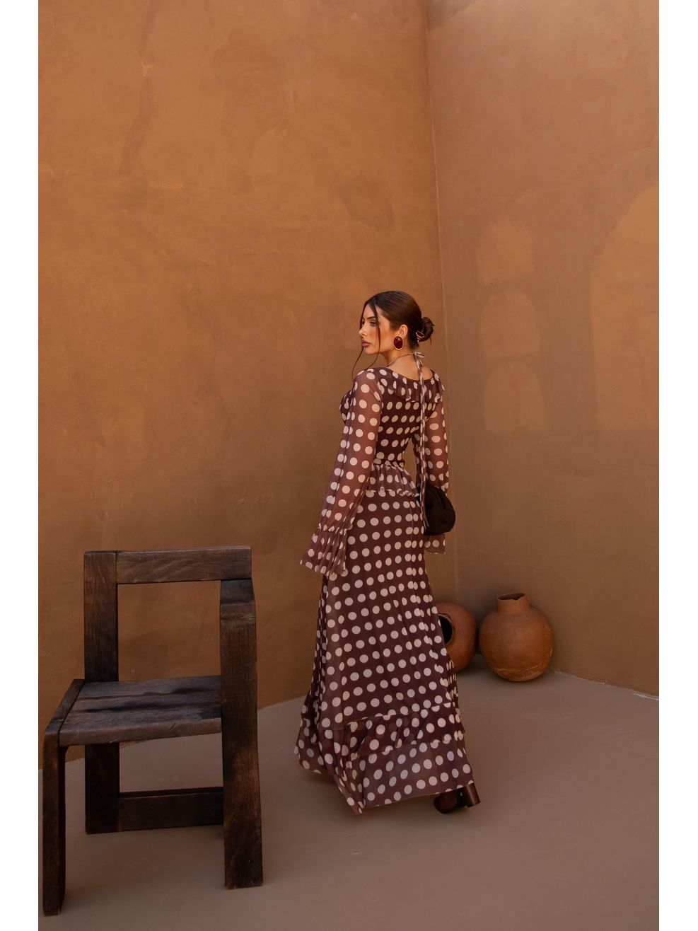 Vestido Longo Marrom Poá 