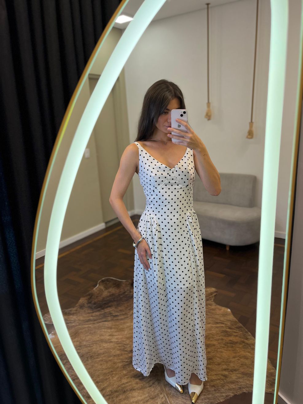 Vestido Poá Midi de Alça Heloísa - Off White 