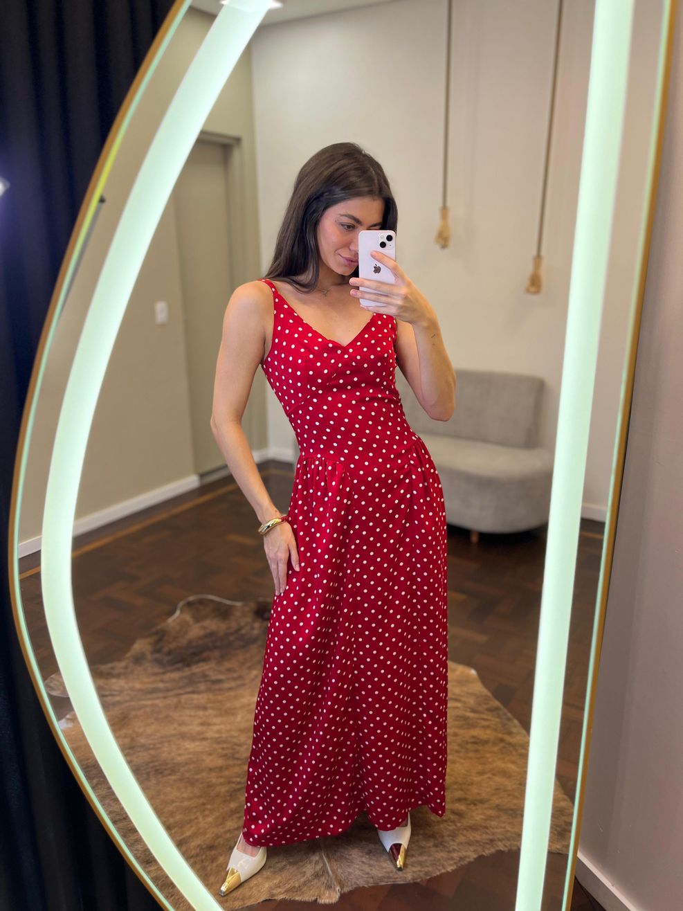 Vestido Poá Midi de Alça Heloísa - Vermelho 