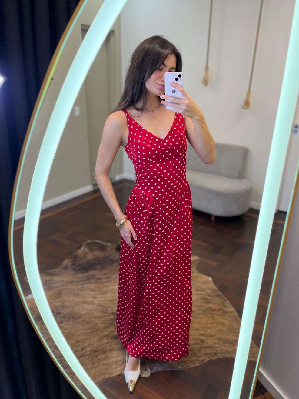 Vestido Poá Midi de Alça Heloísa - Vermelho 
