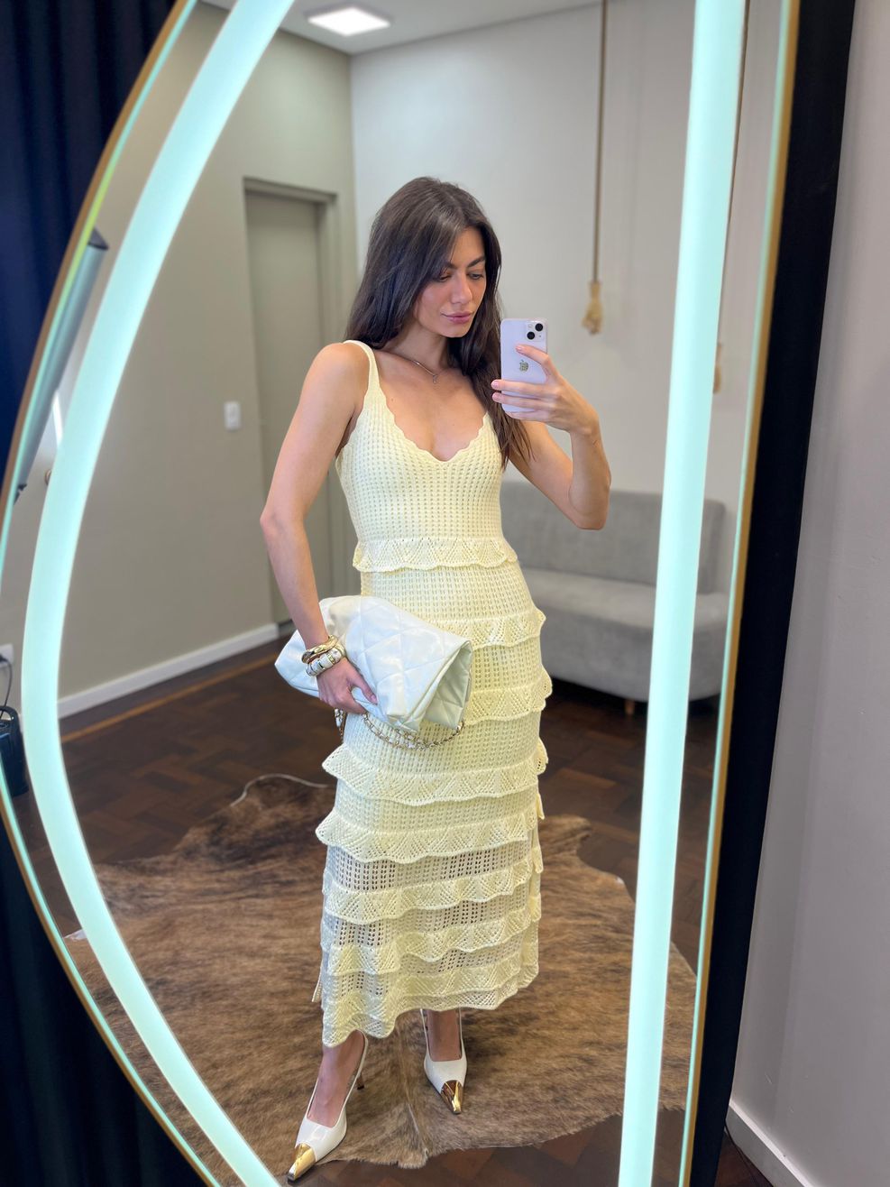 Vestido Tricot Longo Babadinhos Texturas - Amarelo Manteiga 