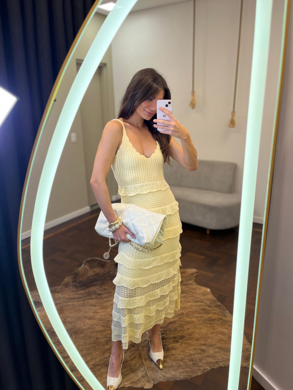 Vestido Tricot Longo Babadinhos Texturas - Amarelo Manteiga 