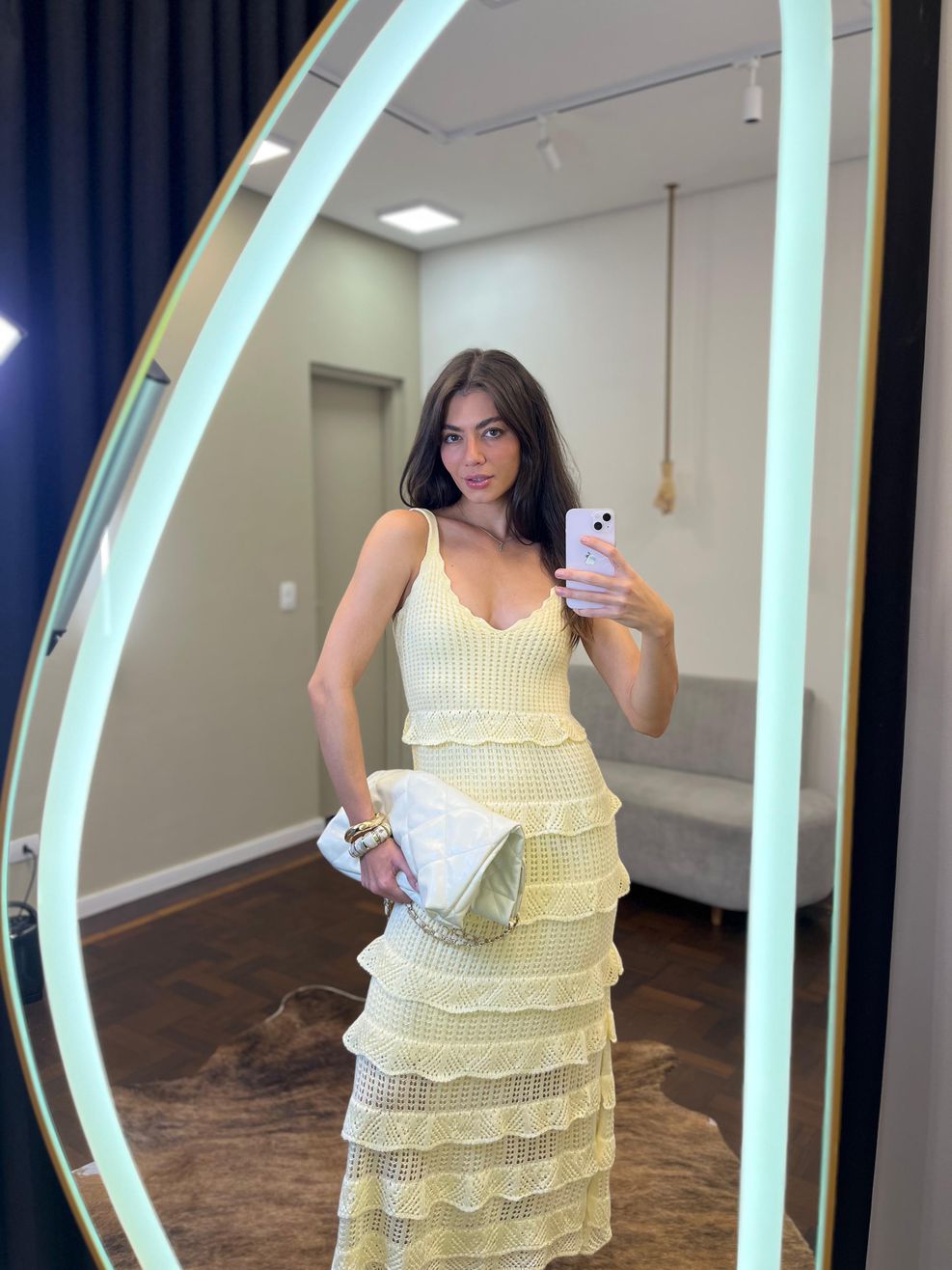 Vestido Tricot Longo Babadinhos Texturas - Amarelo Manteiga 