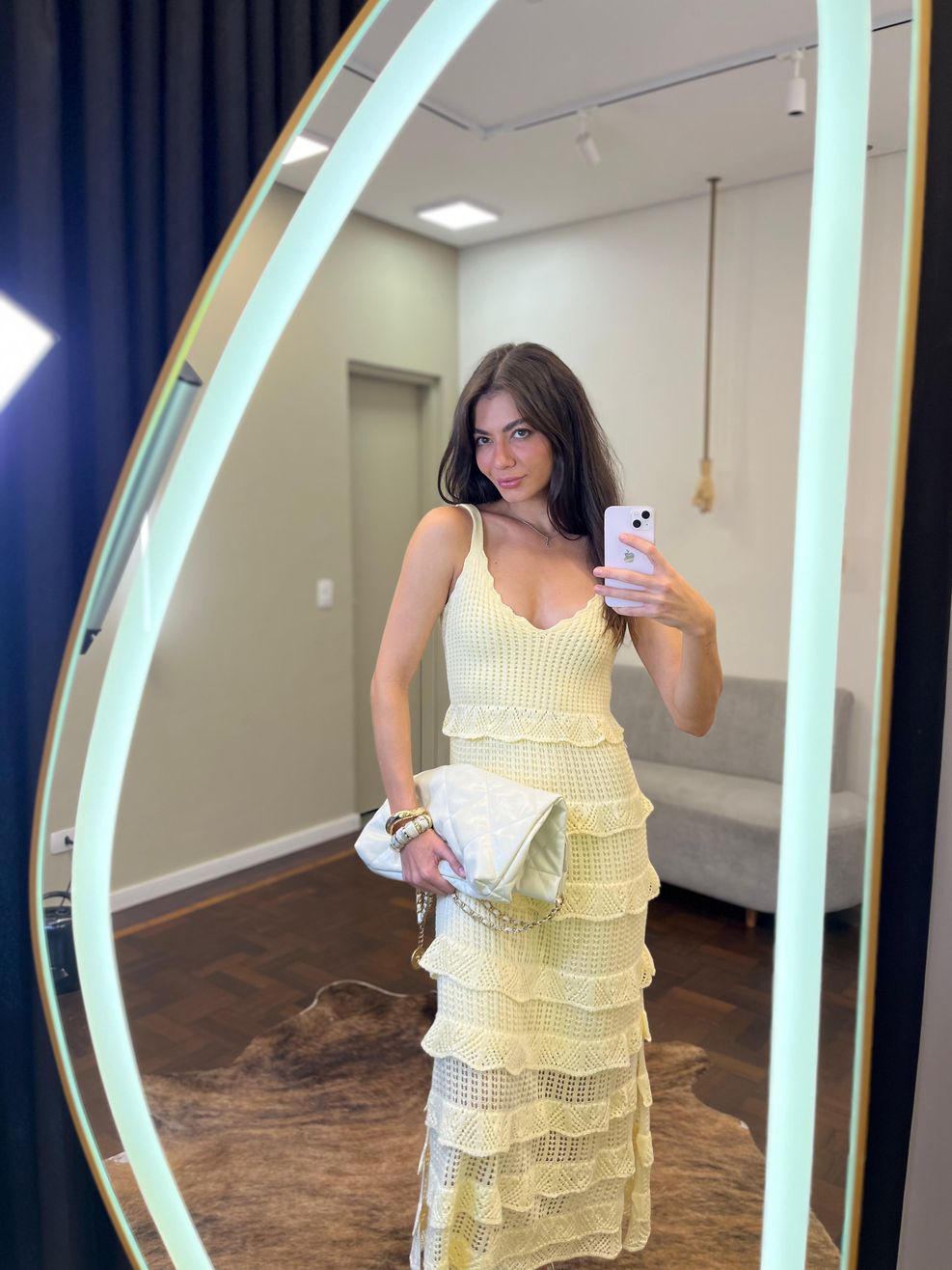 Vestido Tricot Longo Babadinhos Texturas - Amarelo Manteiga 