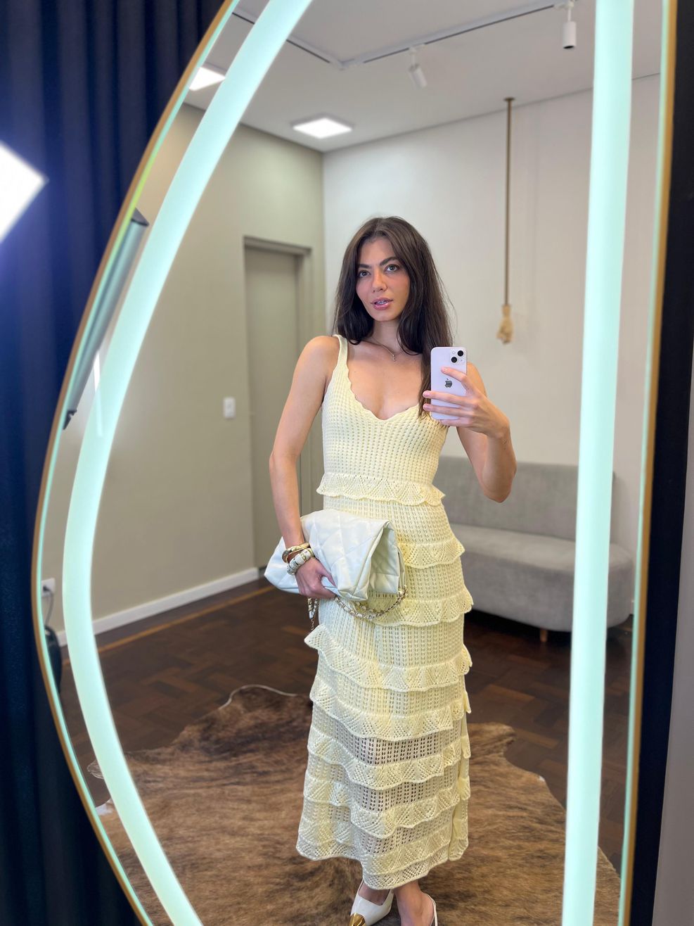 Vestido Tricot Longo Babadinhos Texturas - Amarelo Manteiga 