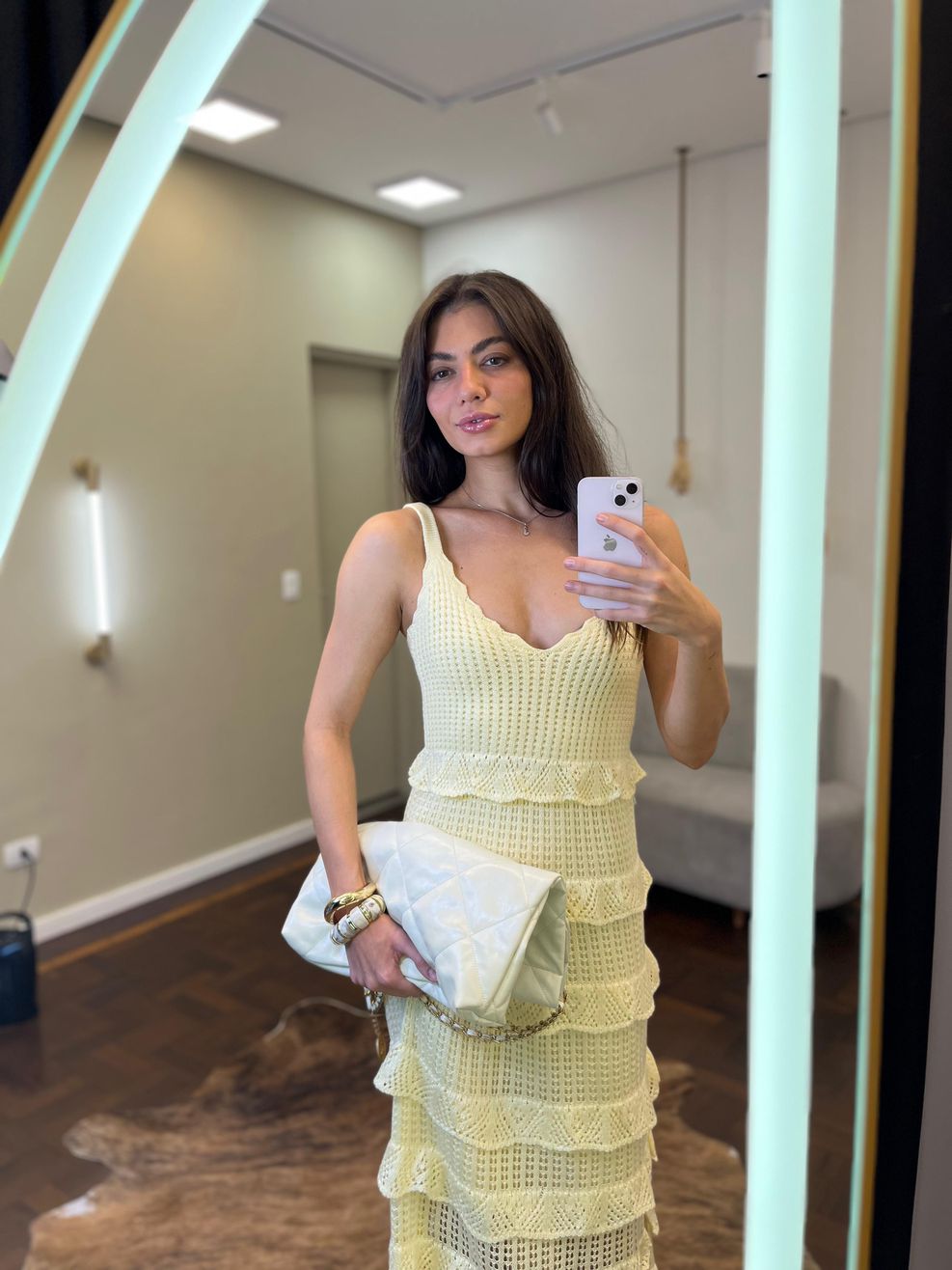 Vestido Tricot Longo Babadinhos Texturas - Amarelo Manteiga 