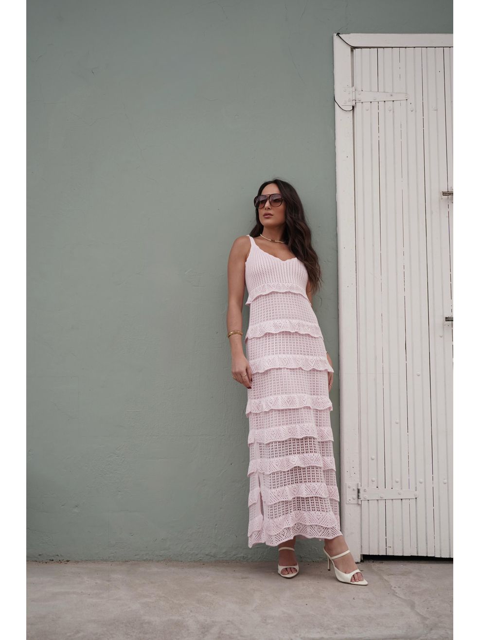 Vestido Tricot Longo Babadinhos Texturas - Rosa Bebê