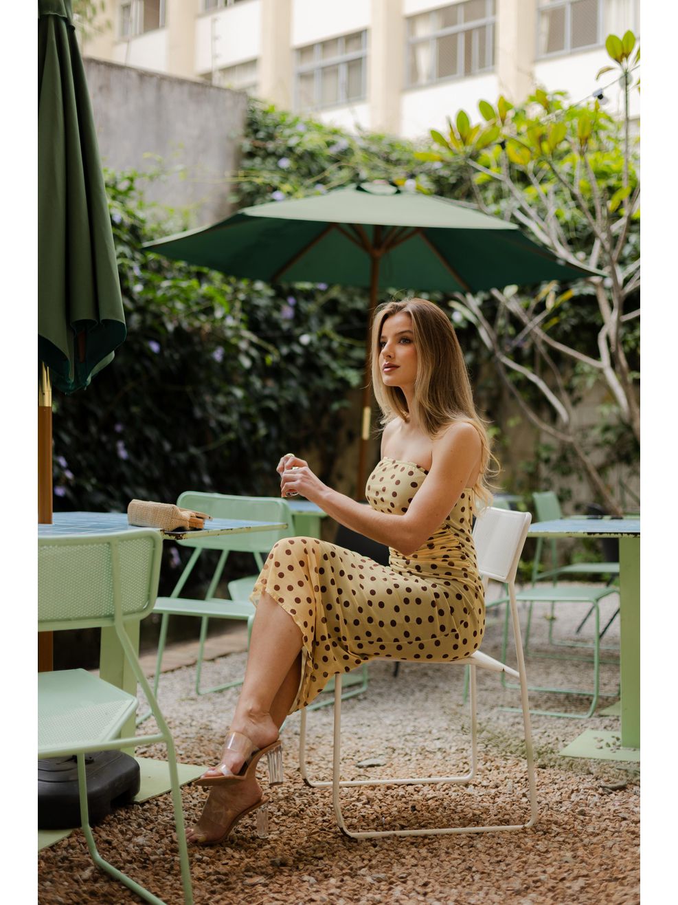 Vestido Tule Tomara que Caia Poá - Amarelo com Poá Marrom 